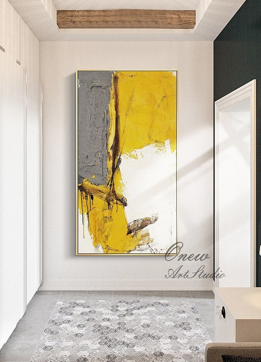 Large Abstract Oil Painting on Canvas, Original Yellow Gray and White Canvas Wall Art, Modern Minimalist Wall Art for Living Room,home Decor