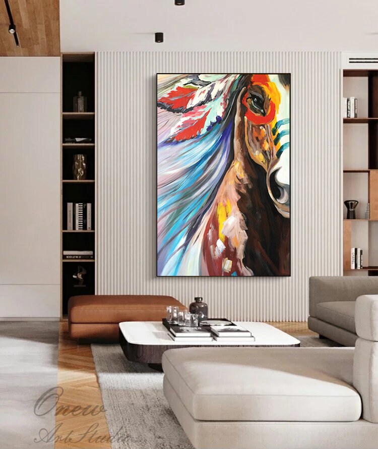 Large Colorful Horse Oil Painting on Canvas, Original Abstract War Horse Canvas Wall Art, Modern Animal painting for Living Room, Home Décor