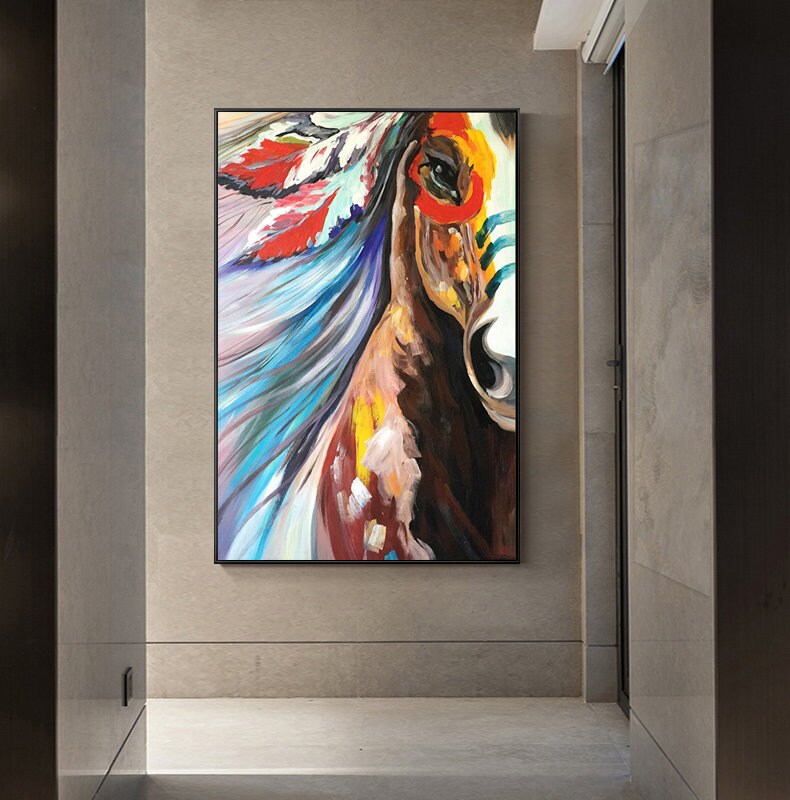 Large Colorful Horse Oil Painting on Canvas, Original Abstract War Horse Canvas Wall Art, Modern Animal painting for Living Room, Home Décor