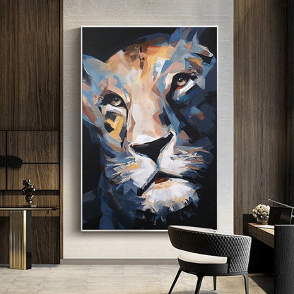 May include: Abstract painting of a lion's face, rendered in a modern style. The artwork features a palette of blues, oranges, and whites against a black background. The lion's eyes are the focal point, with a detailed depiction of the fur and facial features.