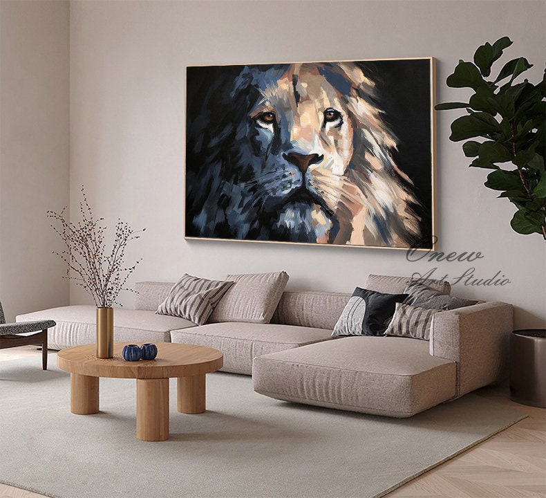 Large Impressionist Lion Oil Painting on Canvas, Original Lion Canvas Wall Art, Modern Hand-painted Animal Wall Art for Living Room Bedroom