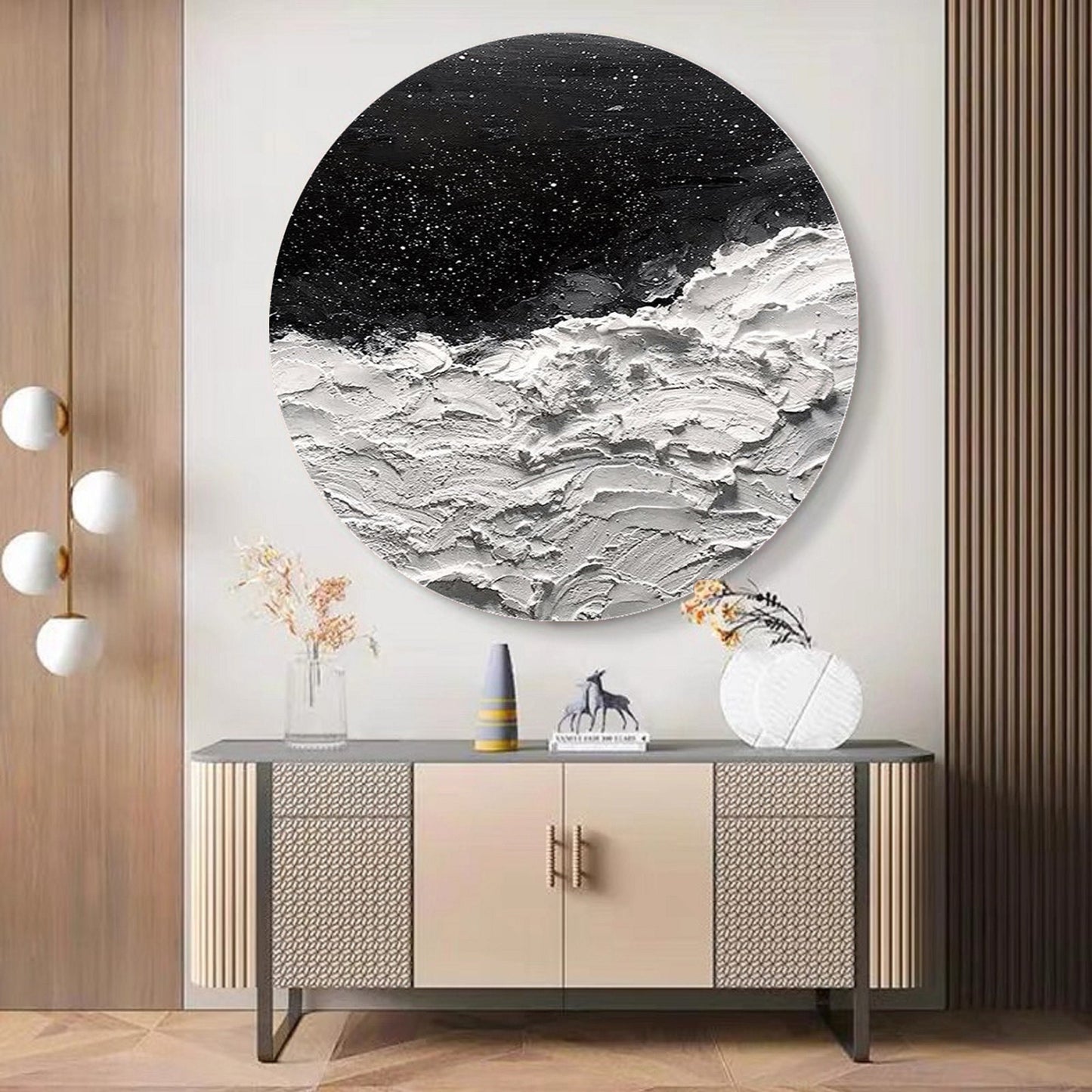 Black and White Circle Abstract Painting – Textured Wall Art