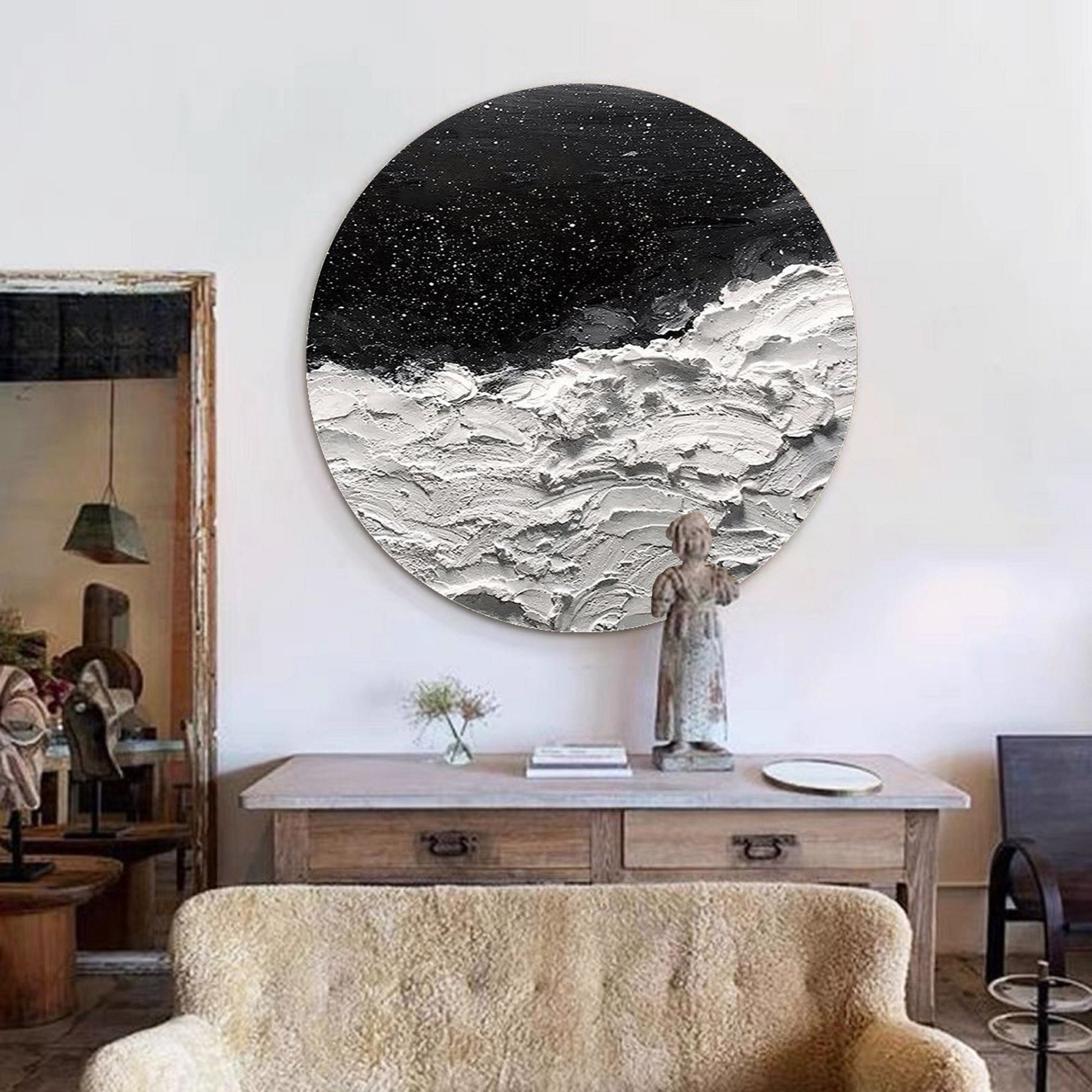 Black and White Circle Abstract Painting – Textured Wall Art