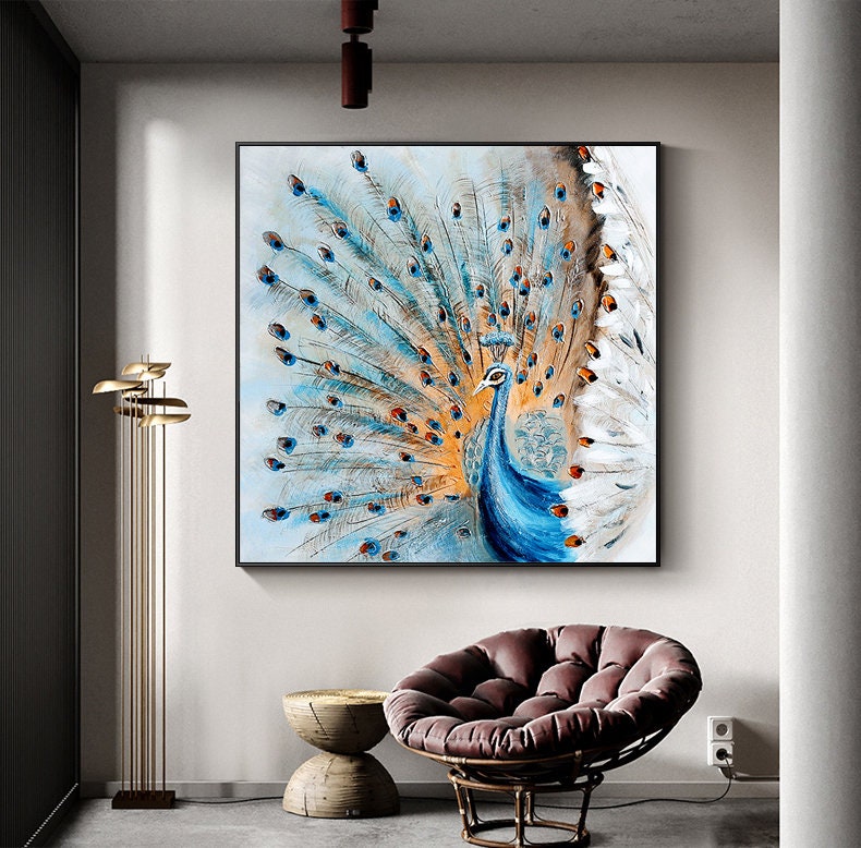 Original Hand-painted Peacock Oil Painting on Canvas, Large Abstract Peacock Canvas Wall Art, Modern Animal Wall Art for Living Room Bedroom