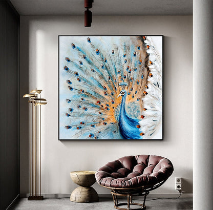 Original Hand-painted Peacock Oil Painting on Canvas, Large Abstract Peacock Canvas Wall Art, Modern Animal Wall Art for Living Room Bedroom