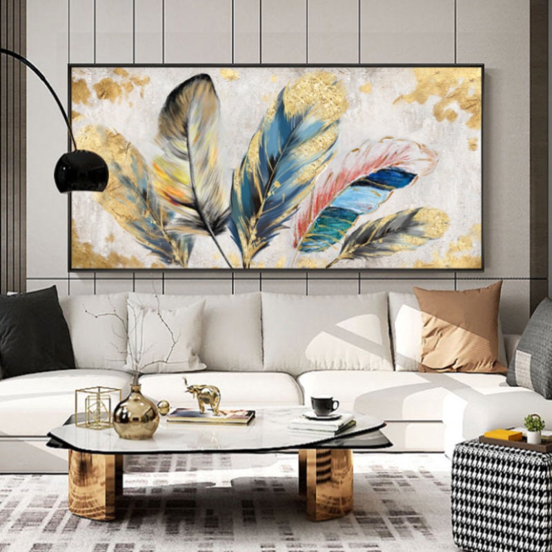Original Animal Feather Oil Painting on Canvas, Abstract Colorful Feather Canvas Wall Art, Modern Minimalist Artwork for Living Room Bedroom