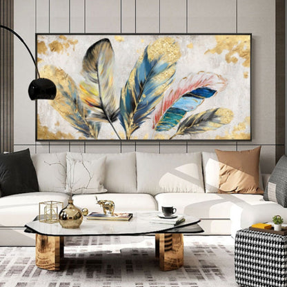 Original Animal Feather Oil Painting on Canvas, Abstract Colorful Feather Canvas Wall Art, Modern Minimalist Artwork for Living Room Bedroom