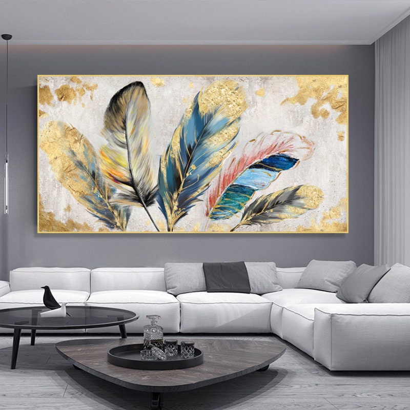 Original Animal Feather Oil Painting on Canvas, Abstract Colorful Feather Canvas Wall Art, Modern Minimalist Artwork for Living Room Bedroom