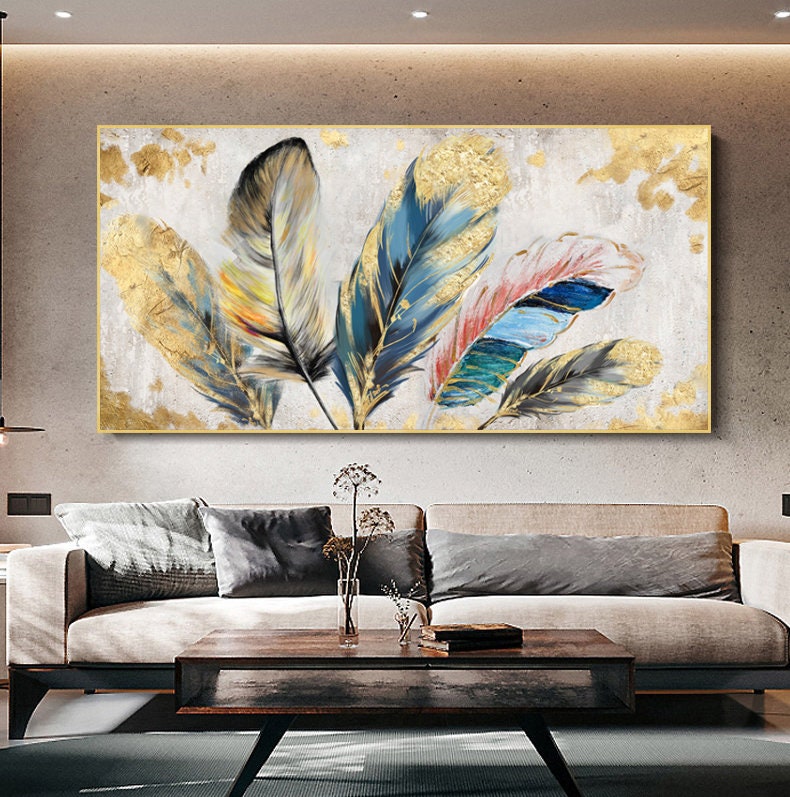 Original Animal Feather Oil Painting on Canvas, Abstract Colorful Feather Canvas Wall Art, Modern Minimalist Artwork for Living Room Bedroom