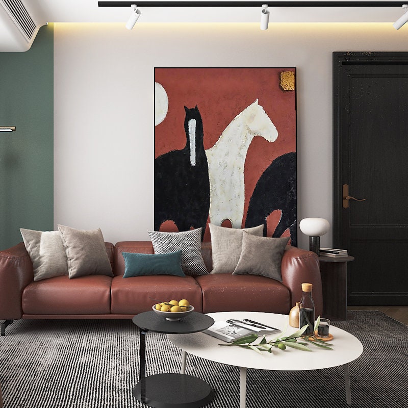 Abstract Black and White Horses Oil Painting on Canvas, Large Original Horse Canvas Wall Art, Modern Animal Painting for Living Room Bedroom