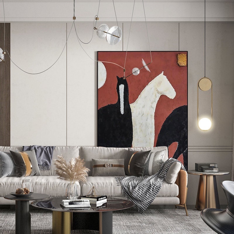 Abstract Black and White Horses Oil Painting on Canvas, Large Original Horse Canvas Wall Art, Modern Animal Painting for Living Room Bedroom