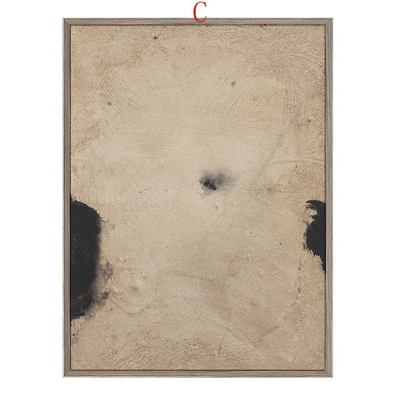 May include: Abstract art print with a beige background and black brushstrokes. The print is framed in a light gray frame.