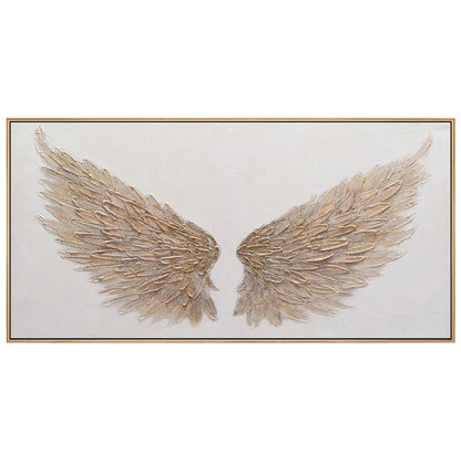 May include: A framed canvas art piece featuring a pair of textured, gold-colored angel wings against a white background. The wings are detailed with individual feather impressions and are set within a gold-colored frame.