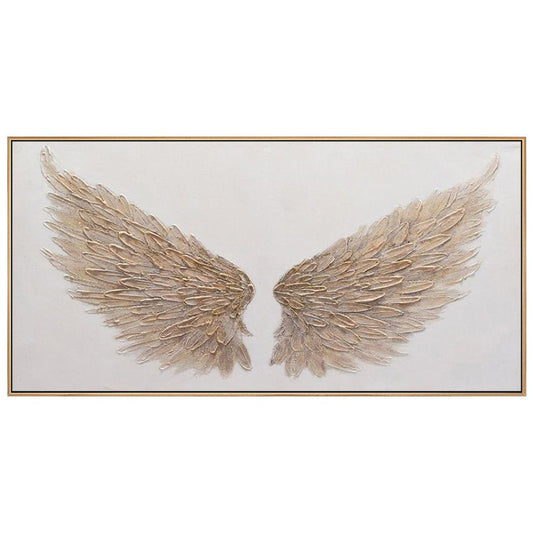 May include: A framed canvas art piece featuring a pair of textured, gold-colored angel wings against a white background. The wings are detailed with individual feather impressions and are set within a gold-colored frame.