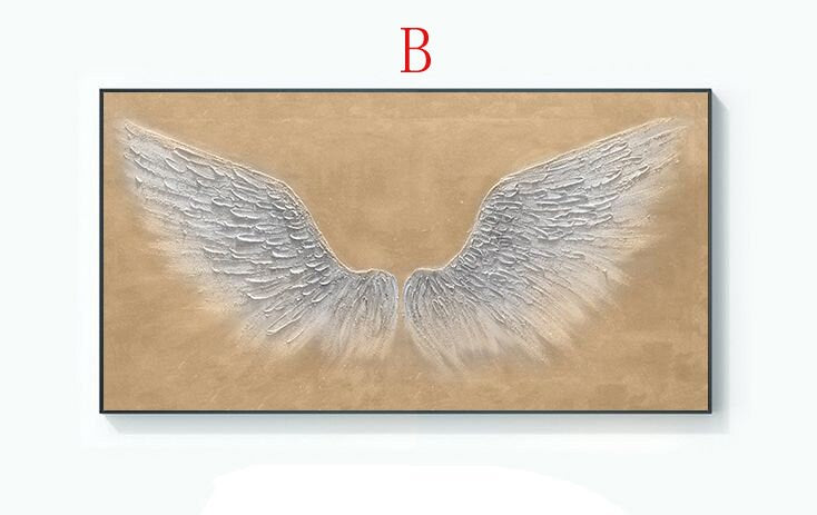 May include: A rectangular canvas painting with a beige background and two large, silver wings painted in a textured style.