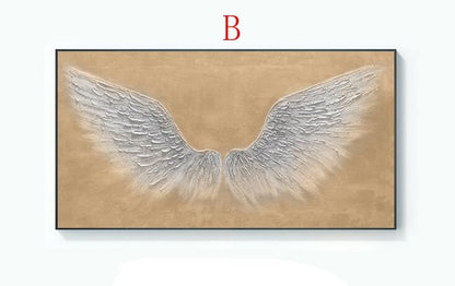 May include: A rectangular canvas painting with a beige background and two large, silver wings painted in a textured style.
