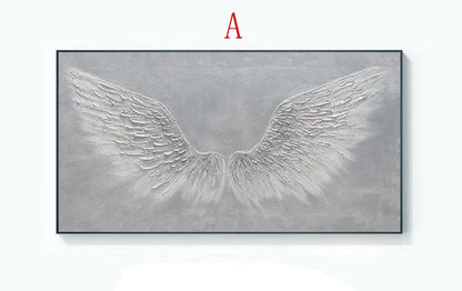 May include: A gray canvas painting with a white textured design of angel wings. The painting is framed in a black frame.