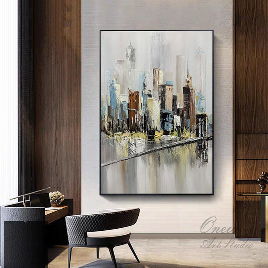 May include: Abstract painting of a cityscape with a bridge in the foreground. The painting is done in shades of gray, blue, brown, and yellow. The cityscape is depicted in a stylized manner, with the buildings appearing as blocks of color.