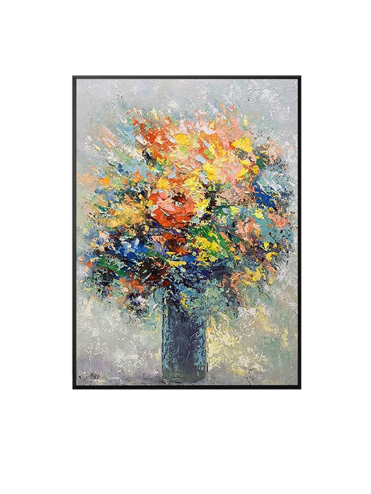 May include: A colorful abstract painting of a bouquet of flowers in a blue vase. The flowers are painted in a variety of colors, including red, yellow, orange, pink, blue, and green. The background is a light gray color.