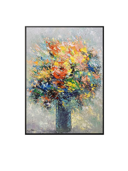 May include: A colorful abstract painting of a bouquet of flowers in a blue vase. The flowers are painted in a variety of colors, including red, yellow, orange, pink, blue, and green. The background is a light gray color.