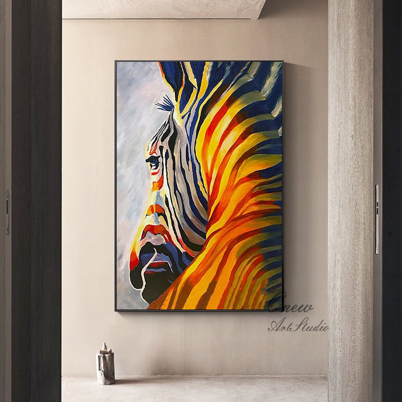 Abstract Colorful Zebra Oil Painting on Canvas, Large Original Zebra Canvas Wall Art, Hand-painted Animal Painting for Kids Room Living Room
