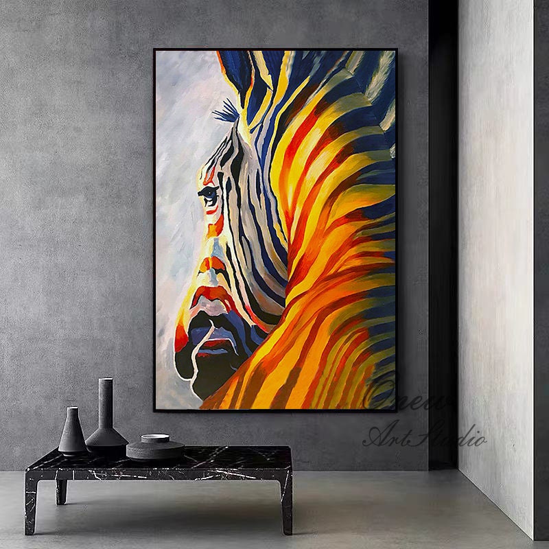 Abstract Colorful Zebra Oil Painting on Canvas, Large Original Zebra Canvas Wall Art, Hand-painted Animal Painting for Kids Room Living Room