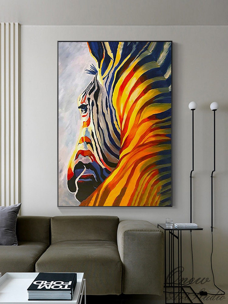 Abstract Colorful Zebra Oil Painting on Canvas, Large Original Zebra Canvas Wall Art, Hand-painted Animal Painting for Kids Room Living Room