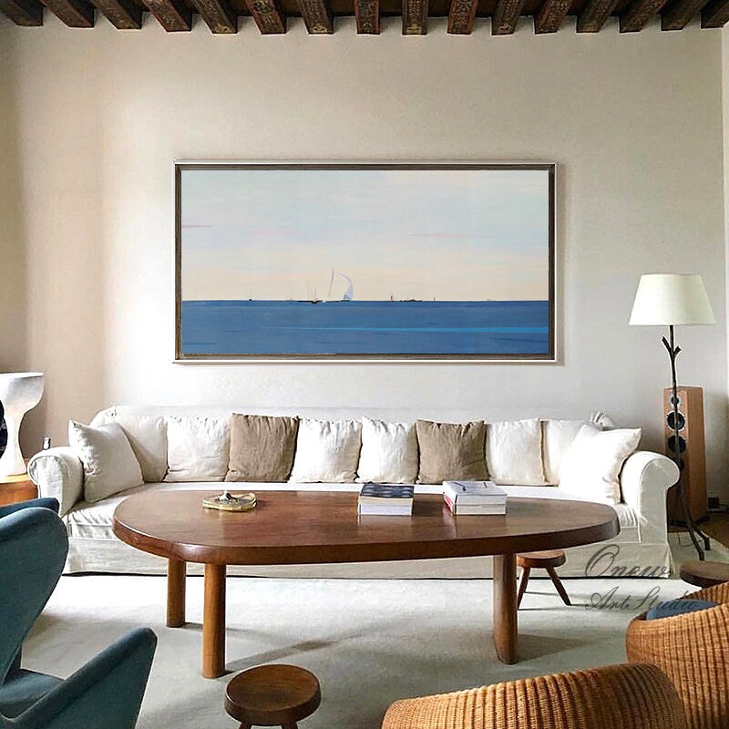 Abstract Seascape Oil Painting on Canvas, Large Original Ocean and Sailboats Canvas Art, Modern Minimalist Nautical Painting for Living Room