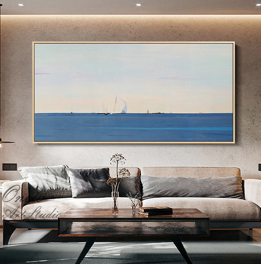 Abstract Seascape Oil Painting on Canvas, Large Original Ocean and Sailboats Canvas Art, Modern Minimalist Nautical Painting for Living Room