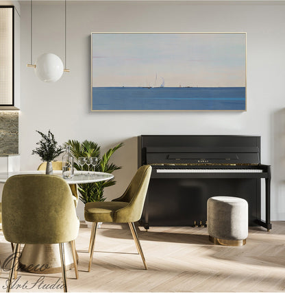 Abstract Seascape Oil Painting on Canvas, Large Original Ocean and Sailboats Canvas Art, Modern Minimalist Nautical Painting for Living Room