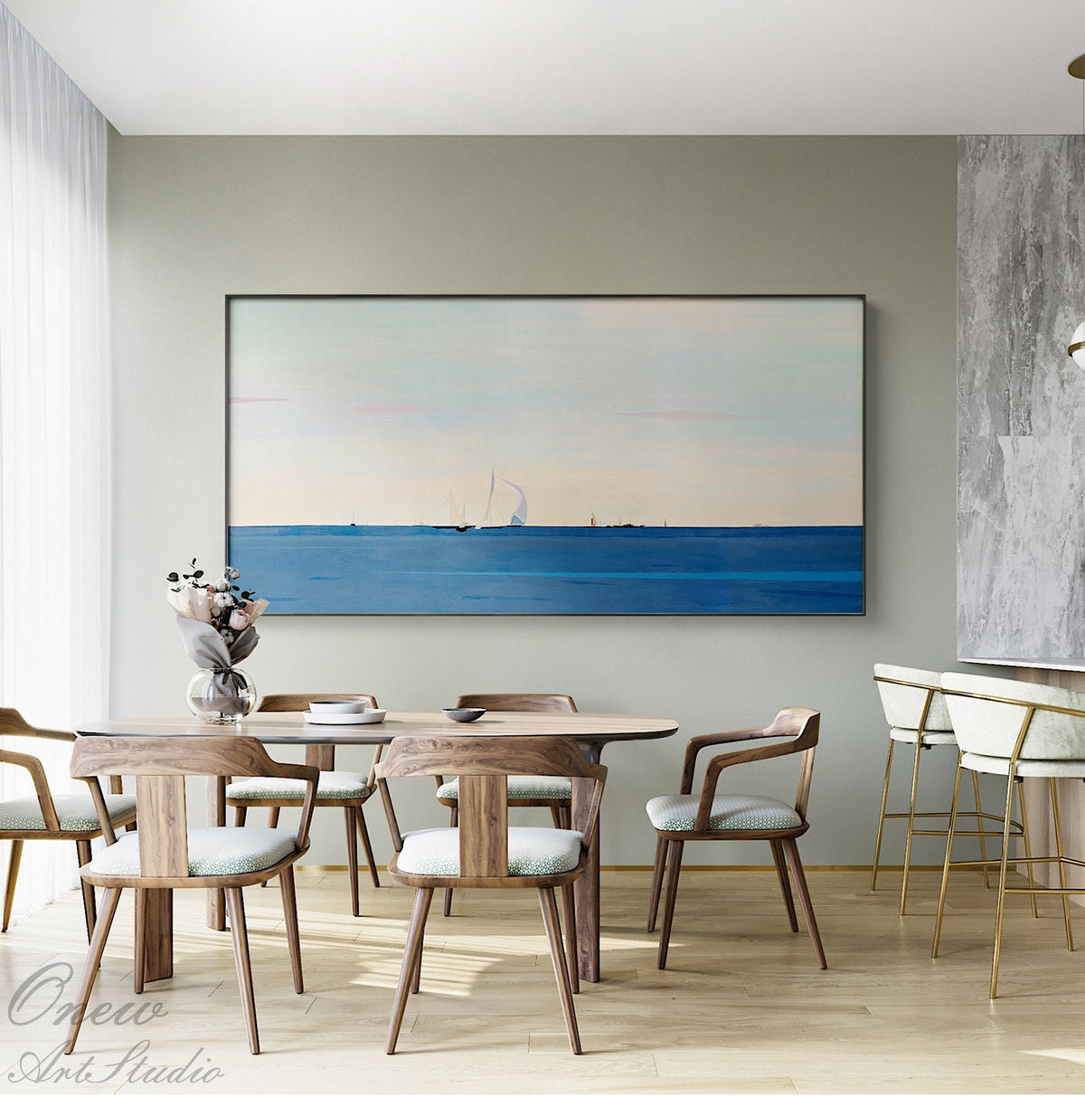 Abstract Seascape Oil Painting on Canvas, Large Original Ocean and Sailboats Canvas Art, Modern Minimalist Nautical Painting for Living Room