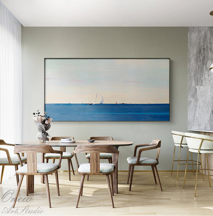 Abstract Seascape Oil Painting on Canvas, Large Original Ocean and Sailboats Canvas Art, Modern Minimalist Nautical Painting for Living Room