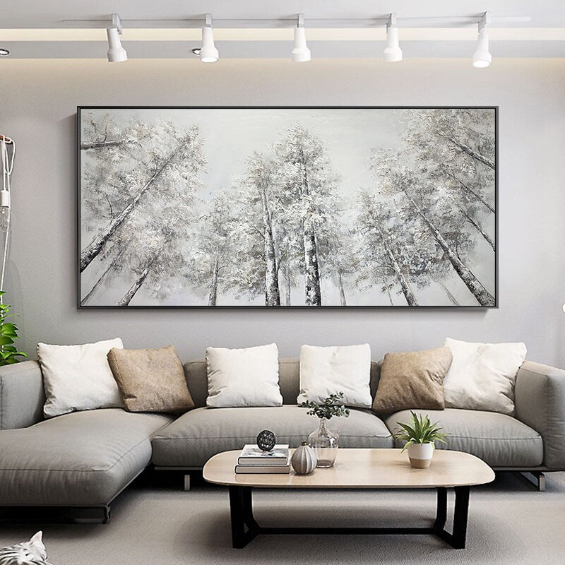 Large Abstract Birch Trees Canvas Wall Art, Original Landscape Oil Painting on Canvas, Modern Forest Wall Art for Living Room, Bedroom Décor