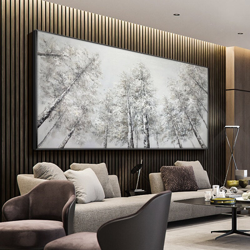 Large Abstract Birch Trees Canvas Wall Art, Original Landscape Oil Painting on Canvas, Modern Forest Wall Art for Living Room, Bedroom Décor