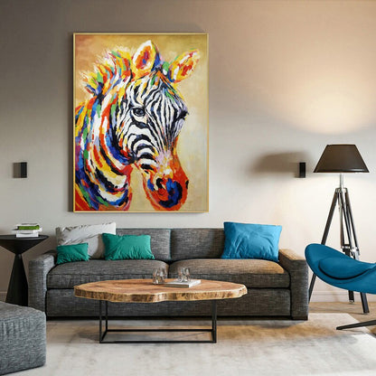 Abstract Colorful Zebra Oil Painting on Canvas, Large Original Zebra Canvas Wall Art, Hand-painted Animal Painting for Living Room Kids Room