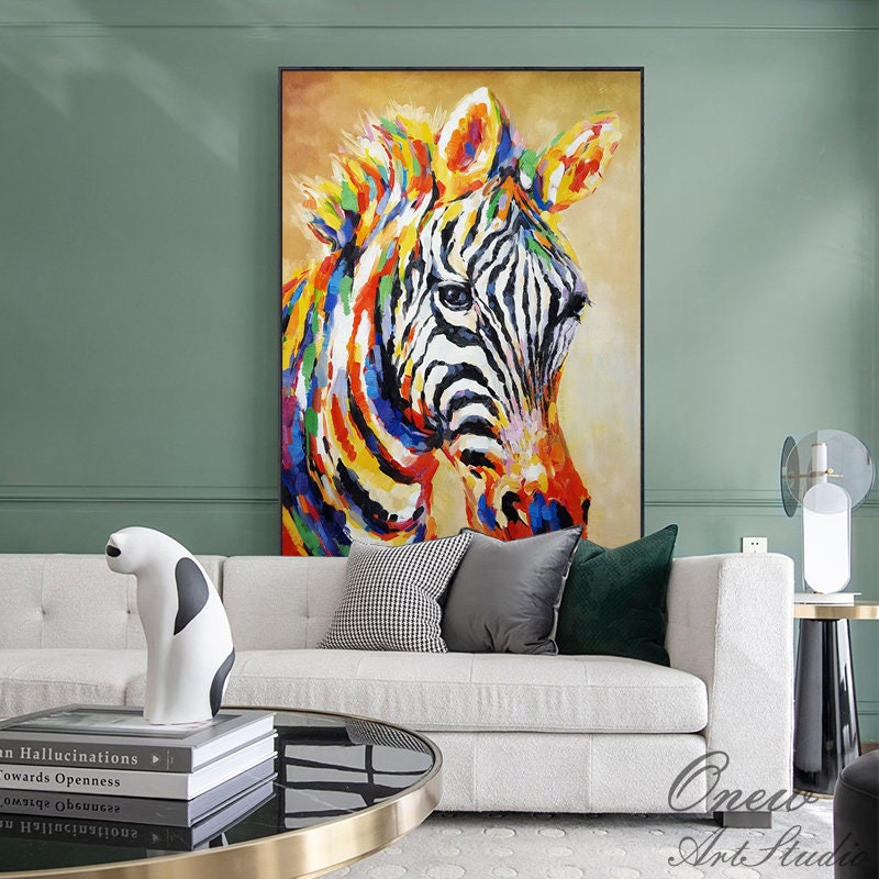 Abstract Colorful Zebra Oil Painting on Canvas, Large Original Zebra Canvas Wall Art, Hand-painted Animal Painting for Living Room Kids Room