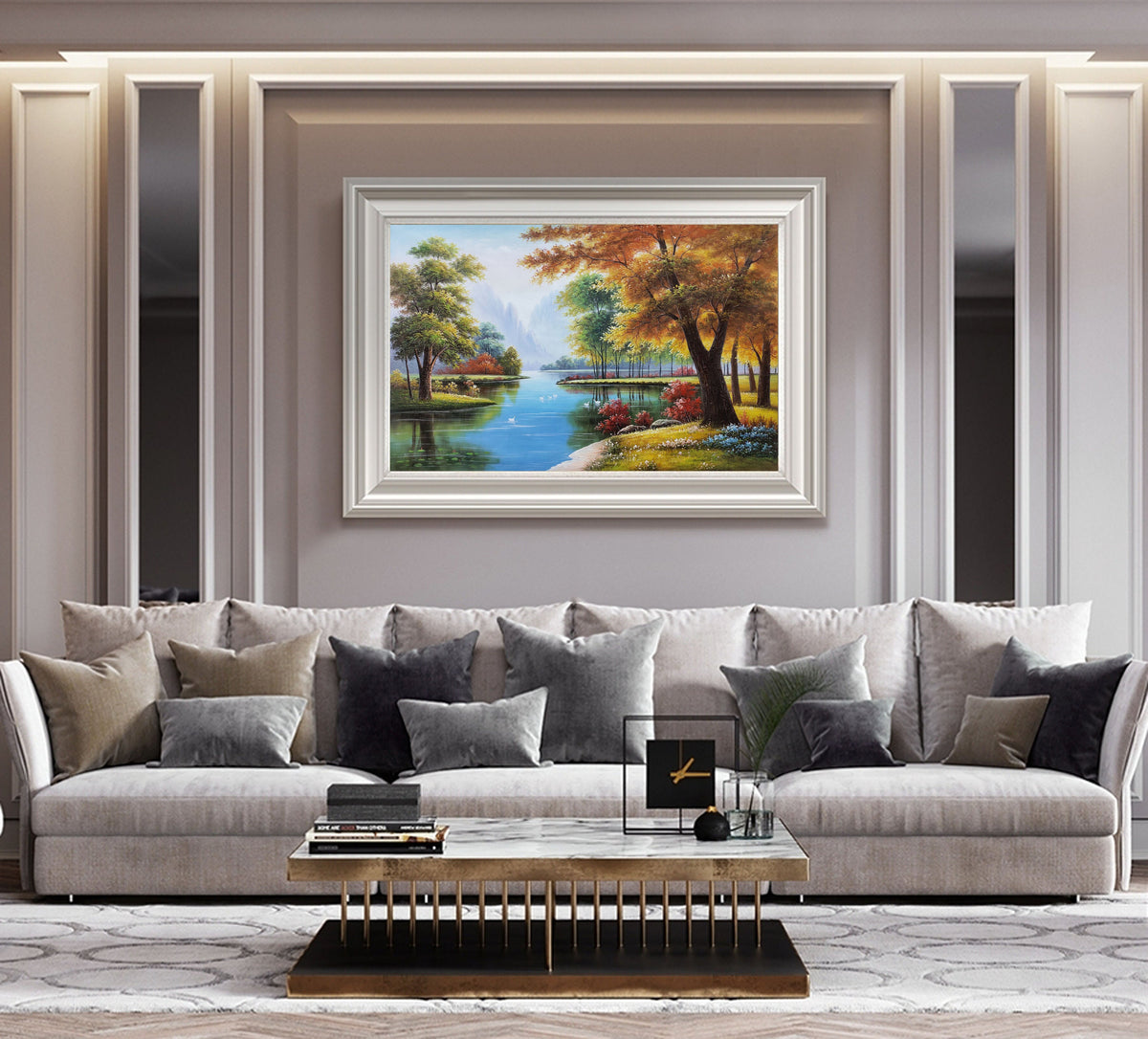 May include: A framed landscape painting depicting a serene lake scene with trees and a mountain in the background. The painting features a variety of colors, including green, blue, brown, and yellow.