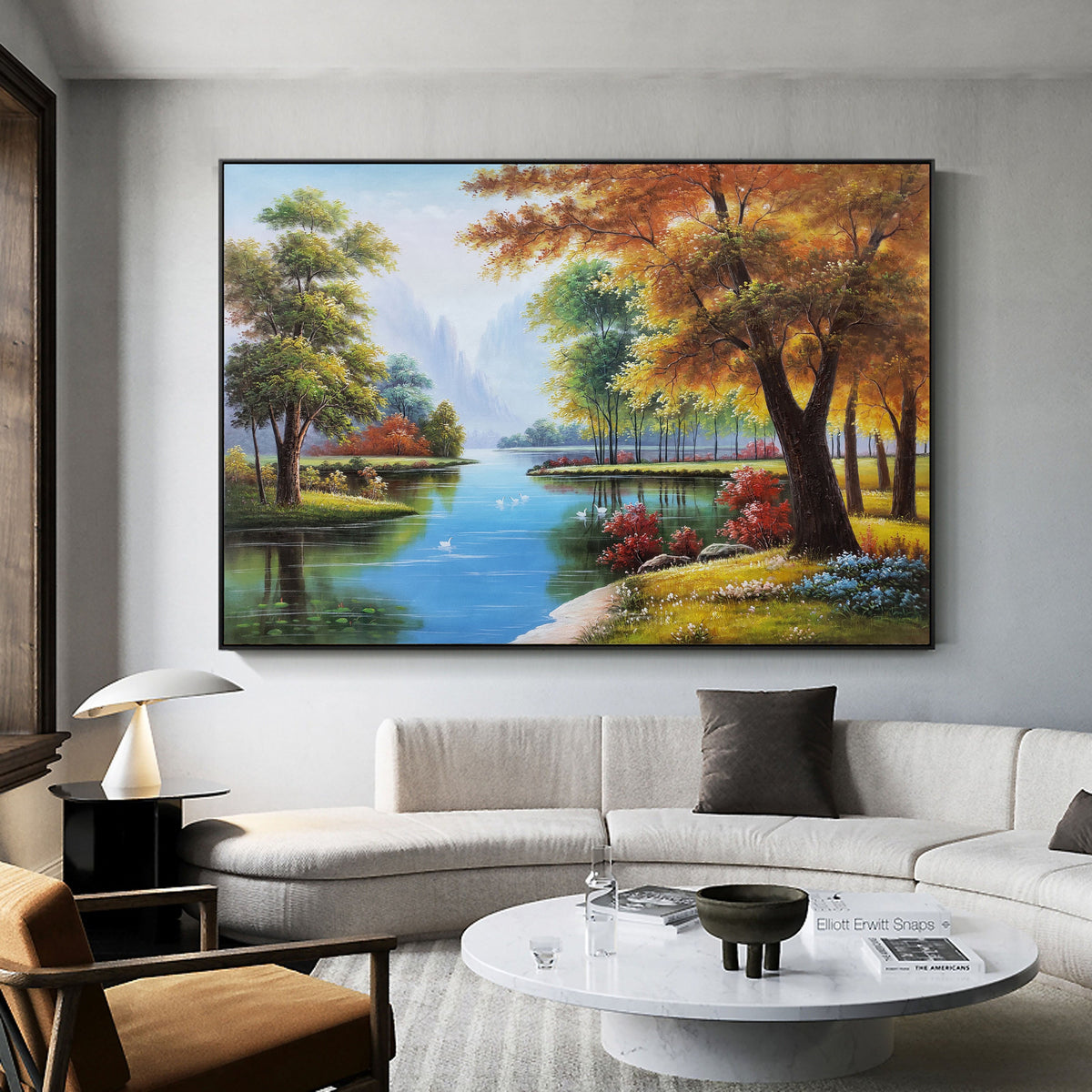 May include: A painting of a serene landscape with a river flowing through a forest. The trees are in shades of green, yellow, and brown, and the water is a clear blue. There are white birds swimming in the river.