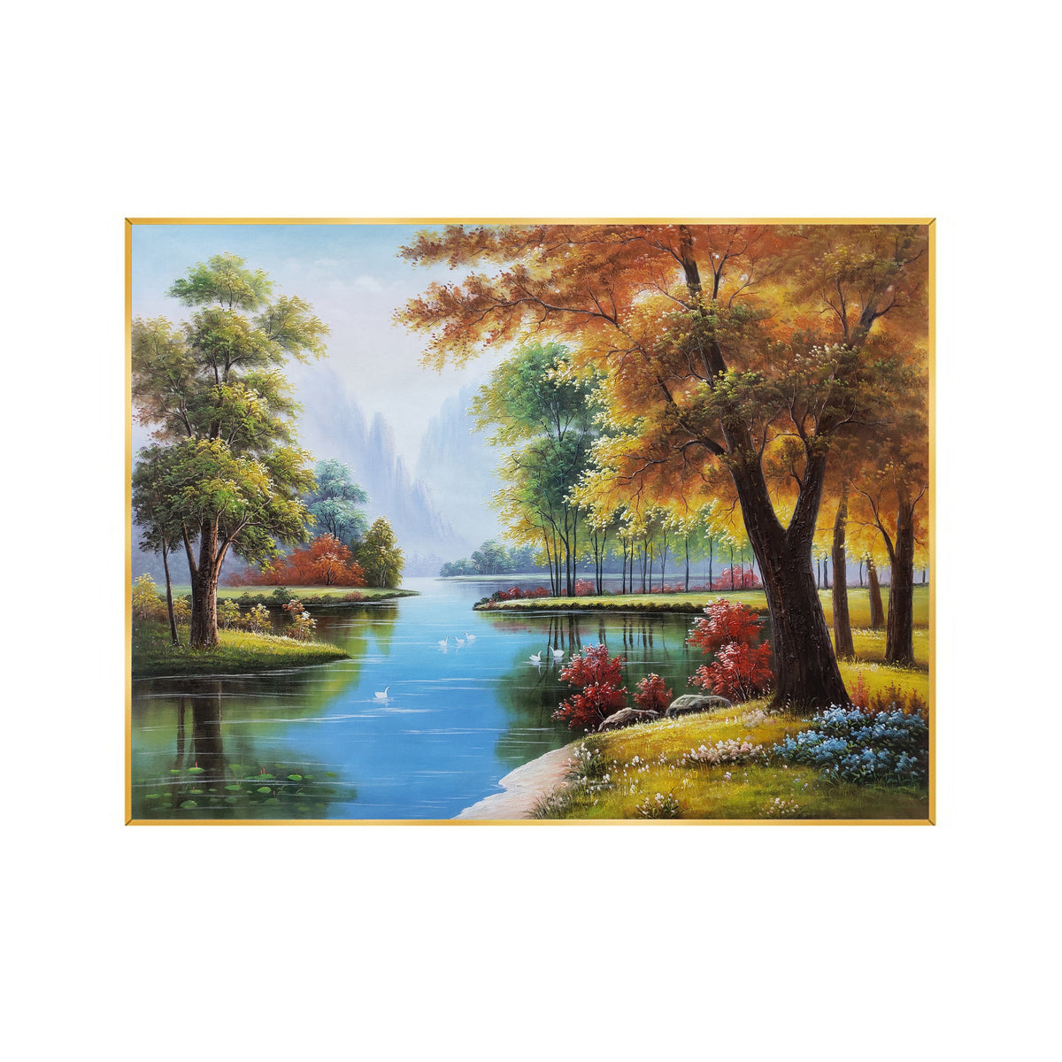 May include: A painting of a serene landscape with a winding river flowing through a lush forest. The trees are a mix of green and autumnal colors, with vibrant red and yellow leaves. The river reflects the blue sky and the surrounding trees, creating a peaceful and tranquil scene.