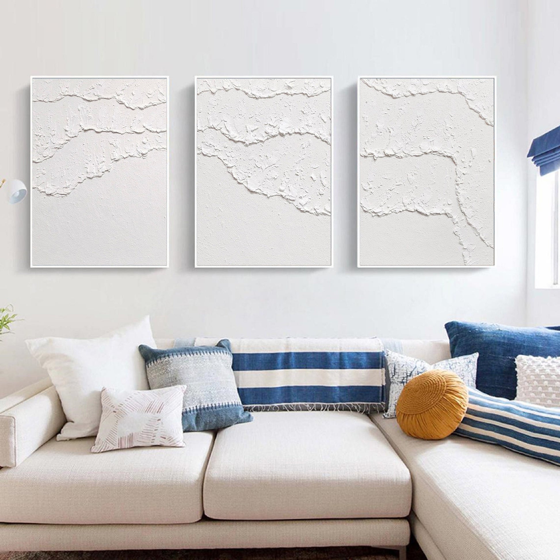 Textured White Abstract Painting Set of 3 – Minimalist Wall Art