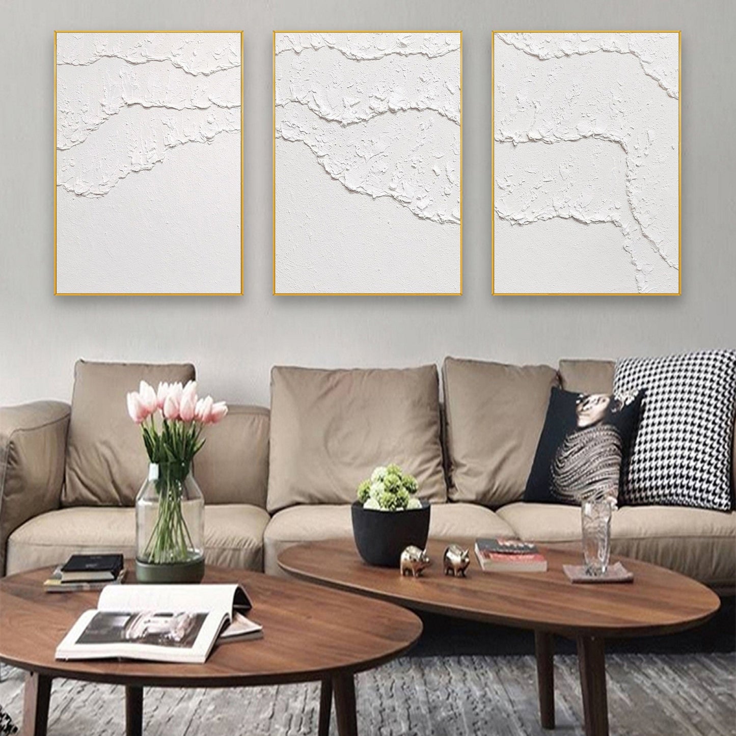 Textured White Abstract Painting Set of 3 – Minimalist Wall Art