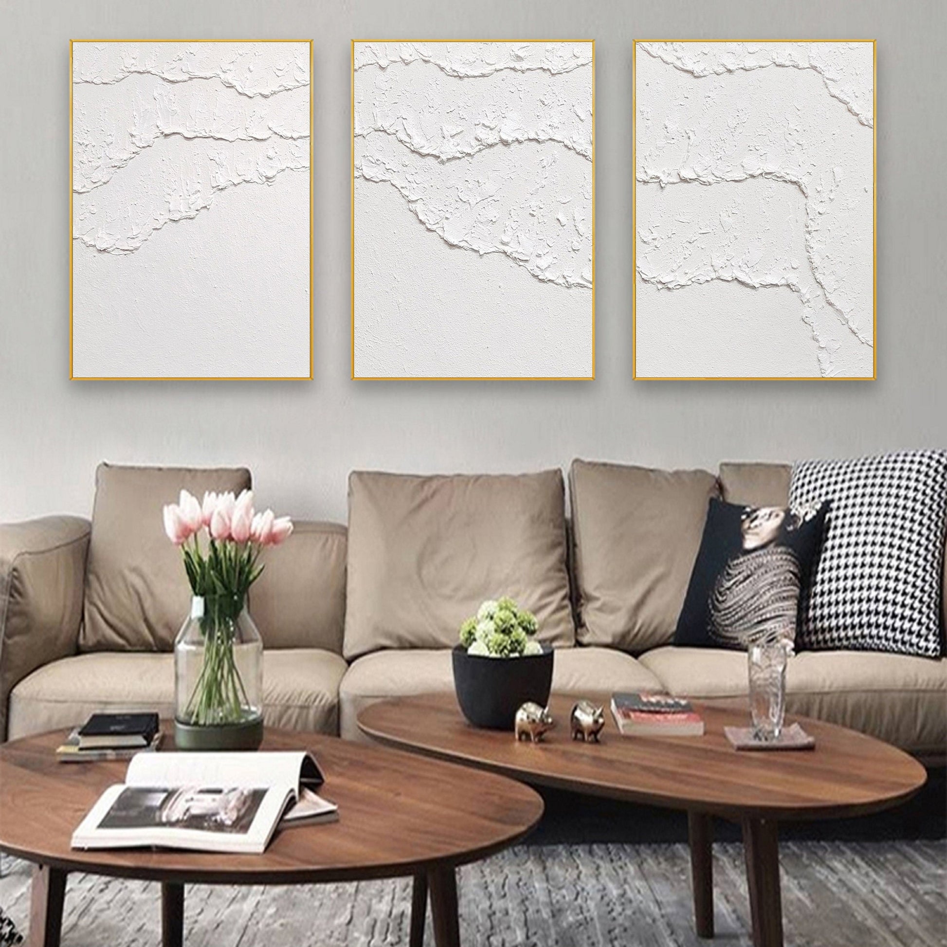 Textured White Abstract Painting Set of 3 – Minimalist Wall Art