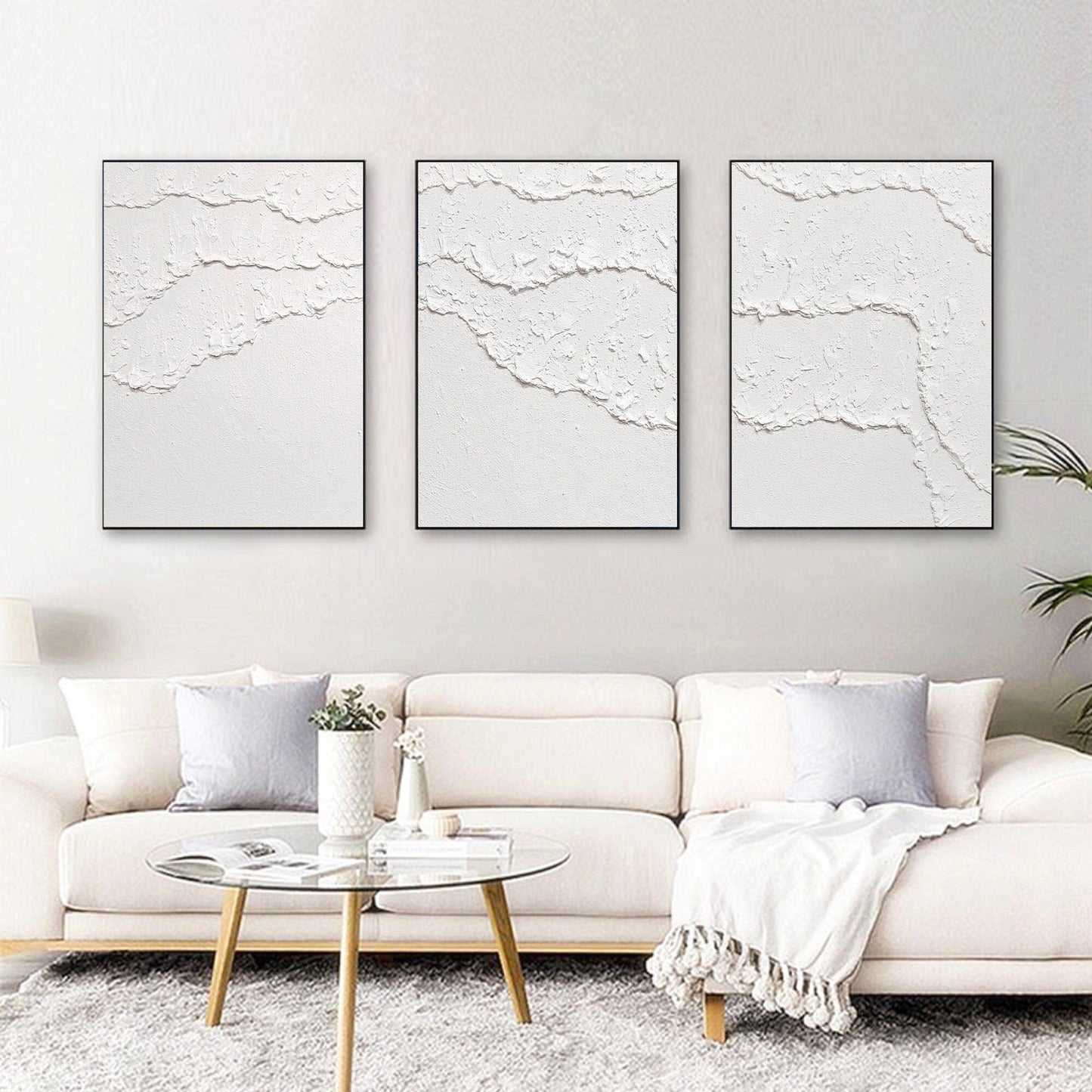 Textured White Abstract Painting Set of 3 – Minimalist Wall Art