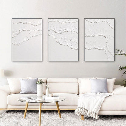Textured White Abstract Painting Set of 3 – Minimalist Wall Art