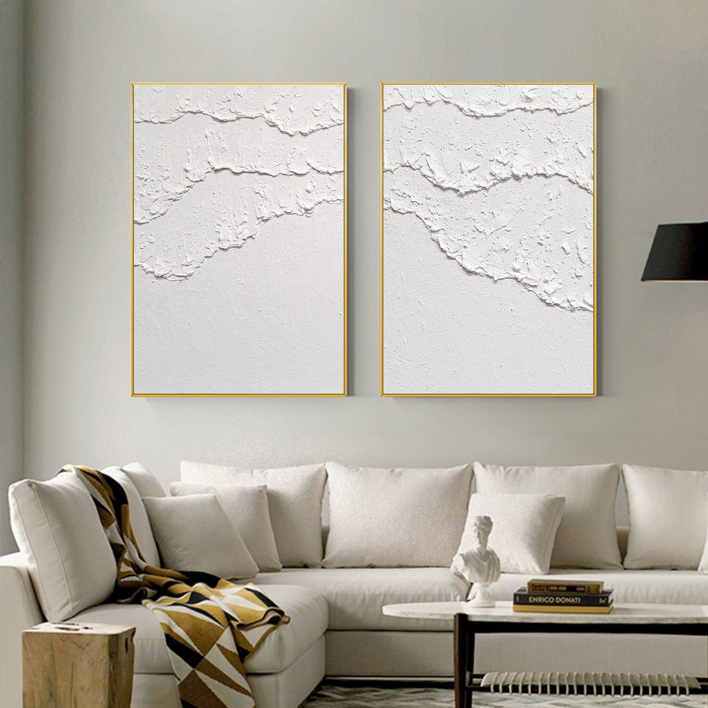 Set of 2 White Ocean Wave Textured Abstract Paintings – Abstract Seascape Art