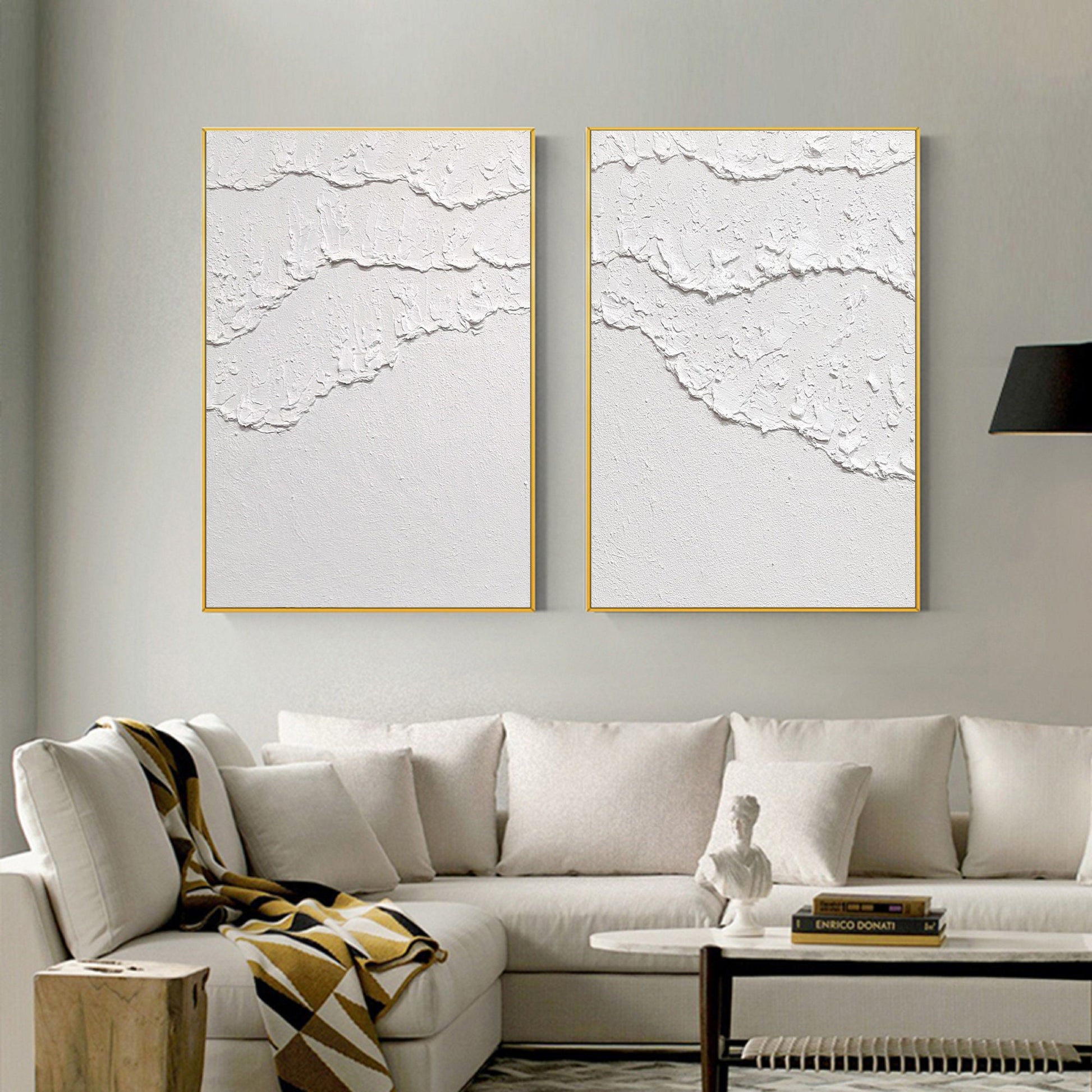 Set of 2 White Ocean Wave Textured Abstract Paintings – Abstract Seascape Art