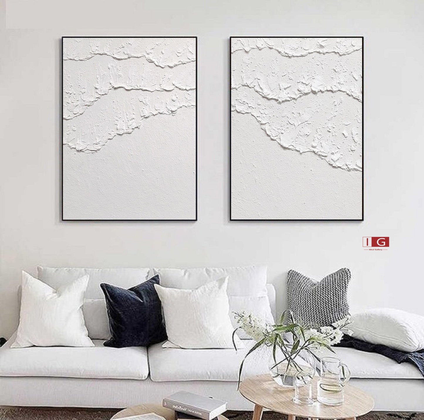 Set of 2 White Ocean Wave Textured Abstract Paintings – Abstract Seascape Art