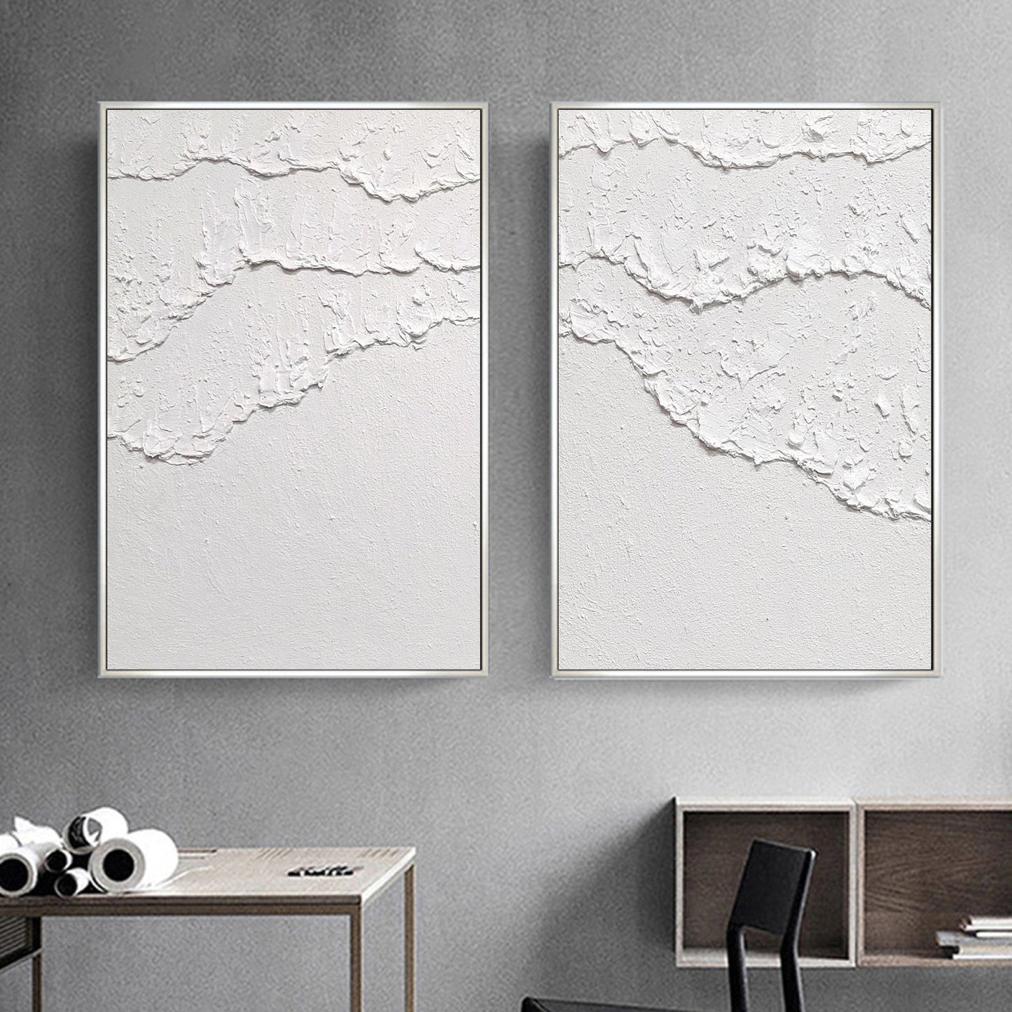 Set of 2 White Ocean Wave Textured Abstract Paintings – Abstract Seascape Art