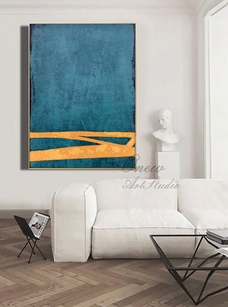 Large Abstract Oil Painting on Canvas, Original Blue and Orange Canvas Wall Art, Modern Minimalist Wall Art for Living Room, Bedroom Decor