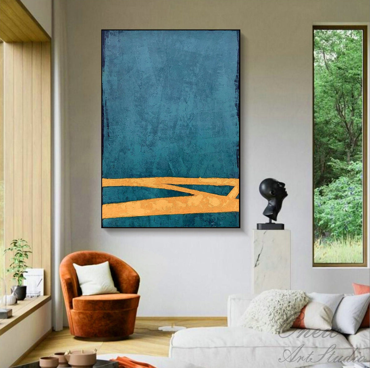 Large Abstract Oil Painting on Canvas, Original Blue and Orange Canvas Wall Art, Modern Minimalist Wall Art for Living Room, Bedroom Decor